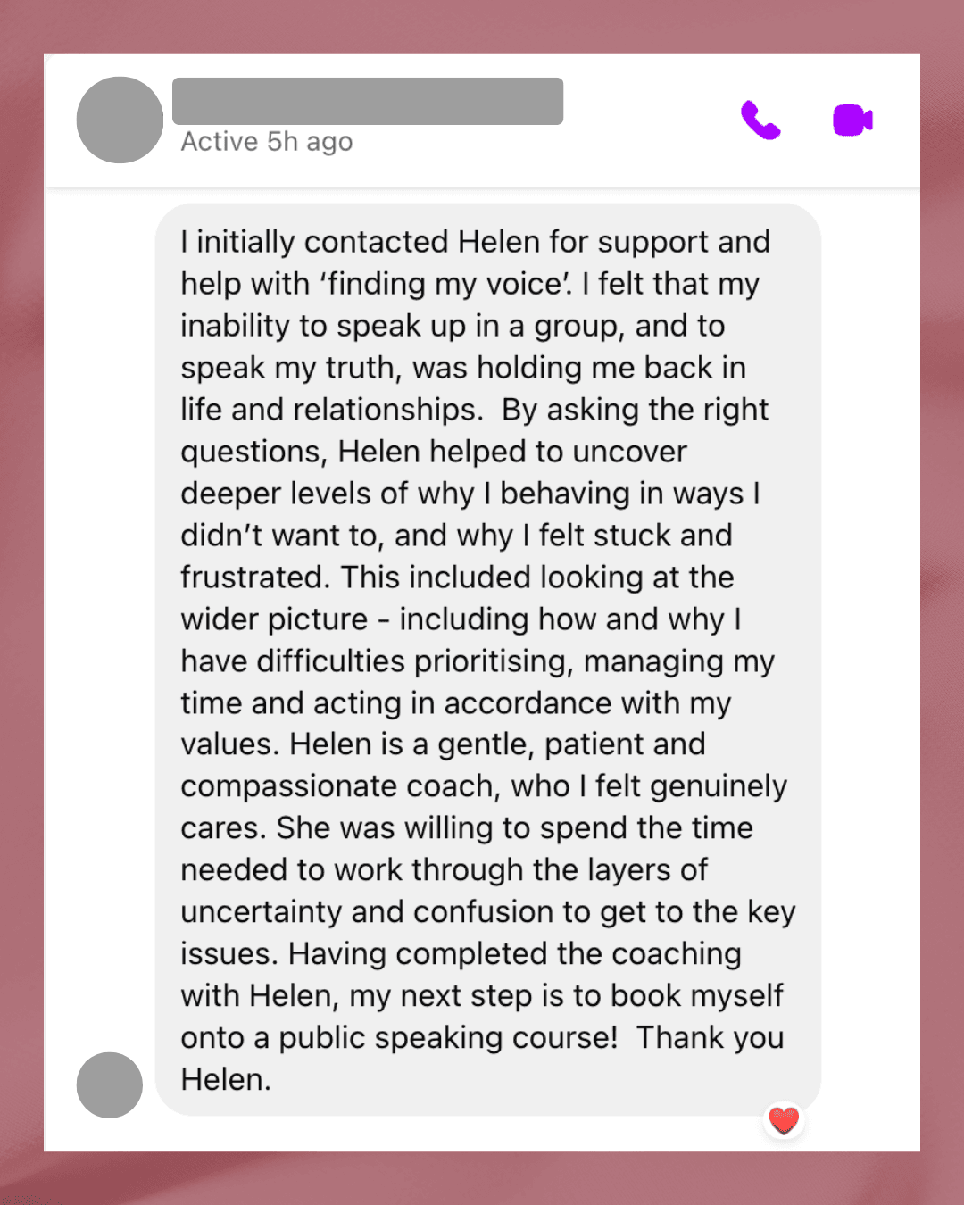 Anonymized client testimonial screenshot 1