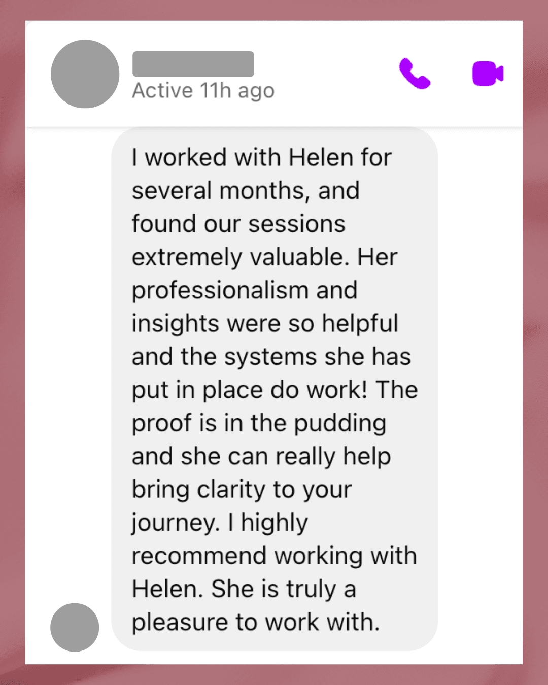 Anonymized client testimonial screenshot 2