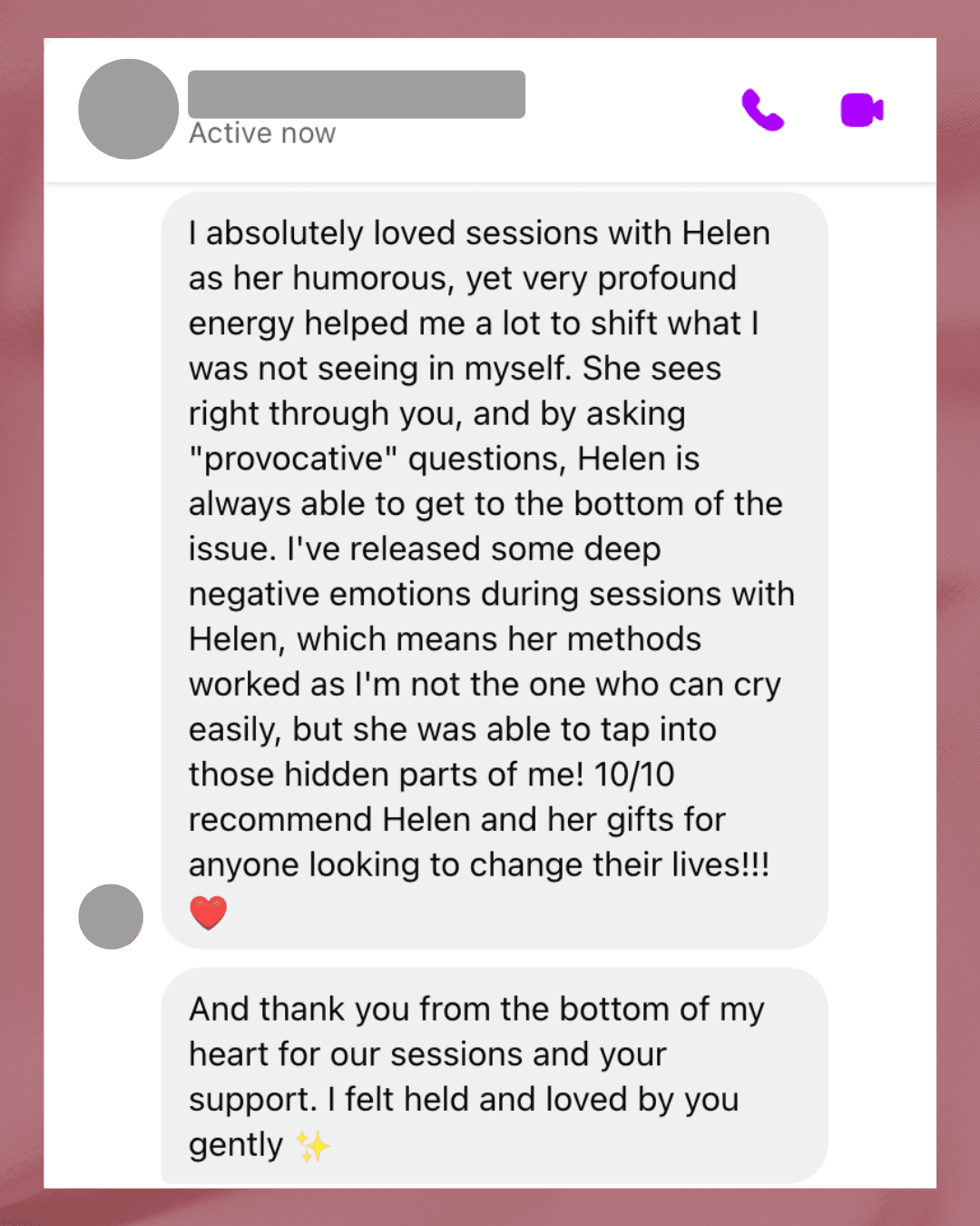 Anonymized client testimonial screenshot 5